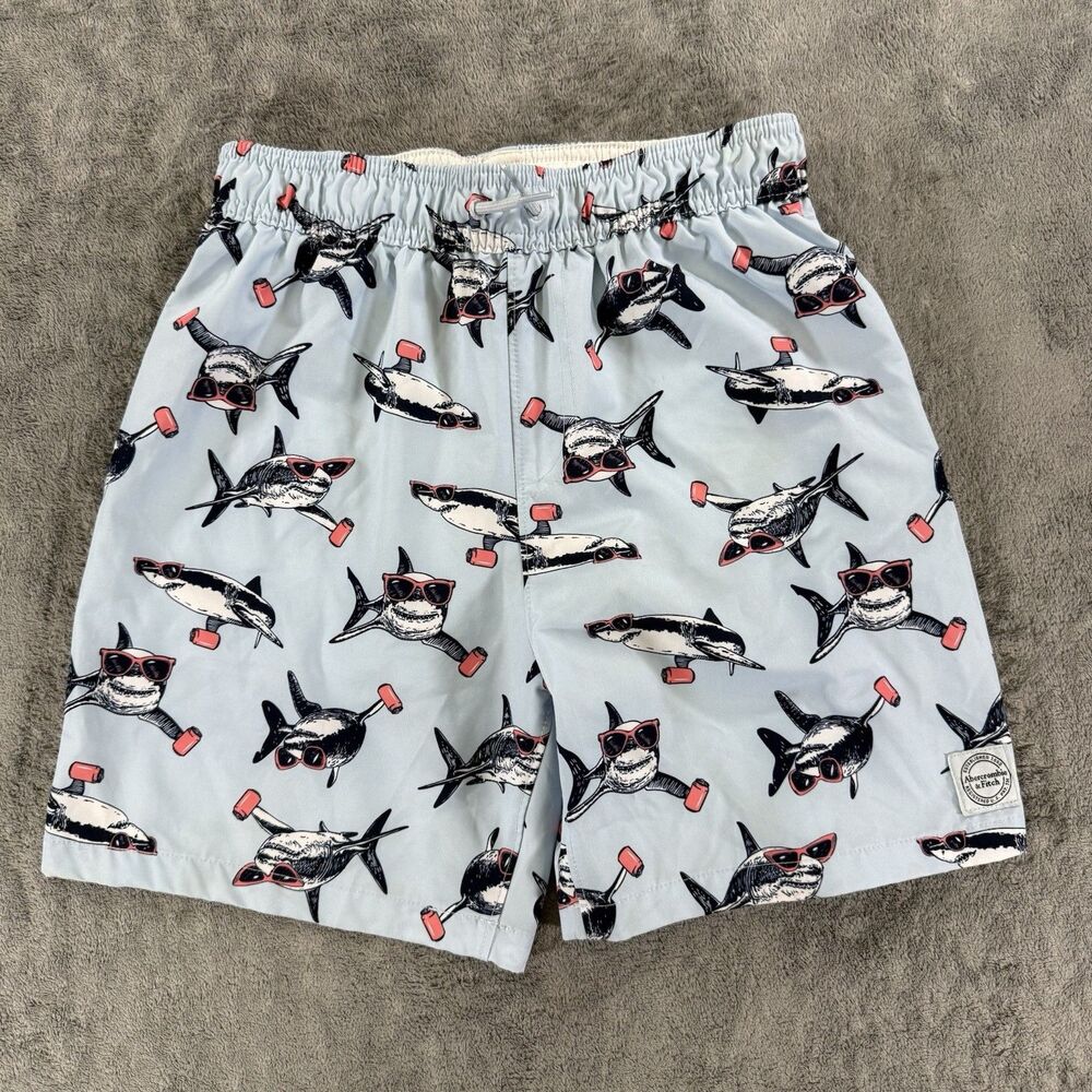 Abercrombie Boys Above the Knee‎ Swim Trunks Blue Shark Compression Lined 13/14